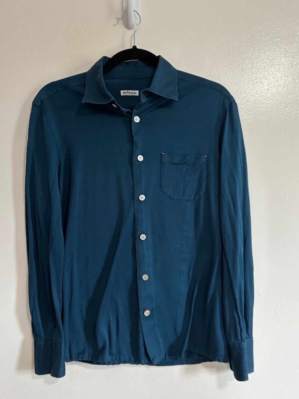 Kiton Cotton Jersey Button Down Men's Shirt, Deep Teal, Small